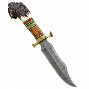 Couteau Bowie artisanal de qualité industrielle pour le camping et la chasse, lame en acier Damas à pointe clip, manche en corne et bois, étui en cuir OBM - Product Image 1