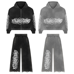 Conjunto de Sudadera con Capucha y Pantalones Deportivos Unisex Personalizados, de Corte Holgado, Lavado Ácido, con Cierre de Cordón, Estampado en Serigrafía, Poliéster/Algodón - Product Image 3