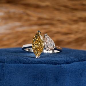 Anillo Toi Et Moi de Plata de Ley 925 Original con Moissanita Amarilla de Corte Marquesa y Pera, Joyería para Bodas y Fiestas - Product Image 5