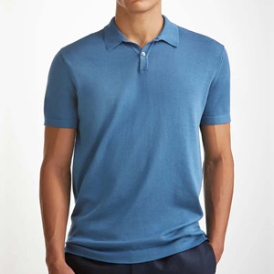 Polo en piqué de coton bleu à manches courtes pour homme, couleur unie, décontracté, tricoté, respirant, coupe classique - Product Image 1