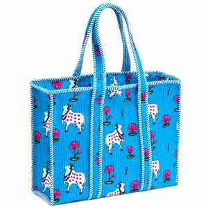 Sac fourre-tout en coton bleu avec motif floral en patchwork, de haute qualité, ouverture supérieure, grande capacité, style bohème, sac de voyage toutes saisons - Product Image 3