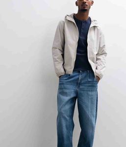 Blouson de motard à capuche pour homme, coupe-vent, fermeture éclair, couleur unie, polyester, tenue décontractée d'automne, coupe régulière, veste en jean bleu - Product Image 1
