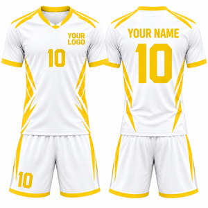 Uniforme de Fútbol Personalizado, Camiseta Blanca y Amarilla con Cuello en V, Manga Corta, Impresión Sublimada, Transpirable, Unisex, para Adultos - Product Image 1