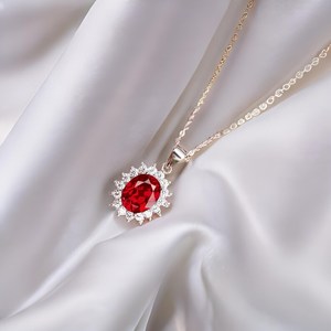 จี้รูปไข่ประดับทับทิมเงินแท้ทรงโอเวลล์ ประดับเพชร CZ รอบเพชร งานแฮนด์เมด เครื่องประดับอัญมณี สำหรับผู้หญิงและเด็ก ขายส่ง - Product Image 2