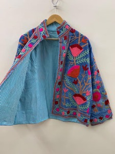 Bata de mujer con cuello en V, 100% algodón, reversible, con bordado floral azul, tipo kimono largo, con cinturón, para estar en casa, hecha a mano - Product Image 3