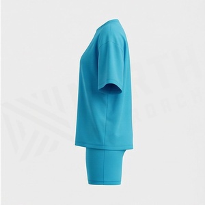 Conjunto Deportivo de 2 Piezas para Mujer, Camiseta de Manga Corta y Pantalones Cortos por Encima de la Rodilla, Color Sólido, Transpirable, Tejido de Punto, Cuello Redondo, Azul - Product Image 3