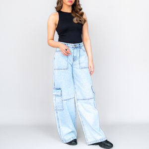 Nuevos pantalones cargo de mezclilla para mujer, estilo casual, con bolsillos grandes, pierna recta, técnica lavada, ideales para el verano y el trabajo. - Product Image 6