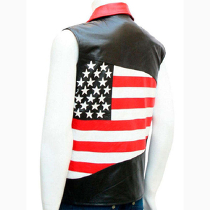 Chaleco de Cuero PU de Primera Calidad con Estampado de Bandera Americana, Estilo Motero, Cierre de Cremallera Frontal, Cuello Camisero, Ropa Exterior para Hombre - Product Image 2