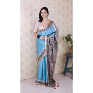 Sari en soie Tussar bleu ciel Elite Weaves, imprimé Madhubani, avec bordure tissée Zari, pour tenue de soirée élégante - Product Image 6