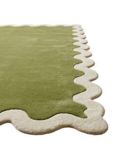 Modern Green Wool Eco-Friendly Medium Europe Style Square Area Rug Scallop <b>Edge</b> Non-Slip <b>Rubber</b> Backing for Living Room Home Use - Product Image 2