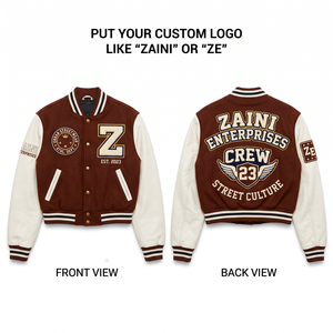 Women Crop Top Varsity <b>Jacket</b> 480 GSM Wool Blend Brown Body <b>Cream</b> Leather Sleeves Rib Knit Trim Custom Embroidery - Product Image 1