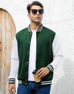 Veste universitaire matelassée pour homme, vert et blanc, à blocs de couleur, avec fermeture boutonnée, col montant, en polyester, pour l'automne, style décontracté - Product Image 2