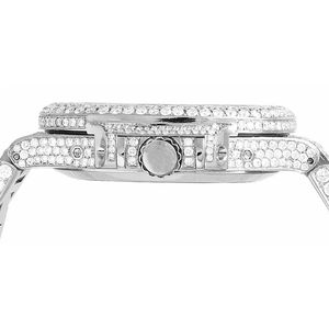 Diamond paved luxury wristwatch with <b>calendar</b> moon phase in stainless steel band on wrist in pocket casual style shot - Product Image 2