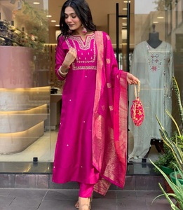 Pink Viscose Chanderi Suit Set Embroidered <b>Kurta</b> Pant Dupatta <b>Women</b> Ethnic Wear Party Office - Product Image 1