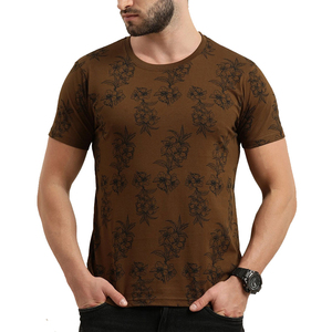 Camiseta de Manga Corta para Hombre, Cuello Redondo, Color Marrón, 100% Algodón, Corte Regular, Estilo Casual, Tejido de Punto, Estampado Floral - Product Image 1