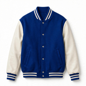 Veste universitaire bleue et blanche pour homme avec broderie de lion, fermeture à boutons pression, manches blanches, broderie de lion, style baseball - Product Image 2