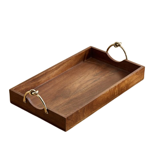 Plateau décoratif artisanal en bois d'acacia massif avec poignées en métal doré, plateau de service en noyer de style mid-century modern pour ottoman - Product Image 3