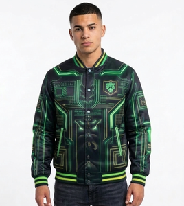 Chaqueta Bomber de Satén Verde para Hombre, Chaqueta Varsity Sublimada, Cierre de Cremallera, Manga Regular, Logotipo Frontal Personalizado - Product Image 1