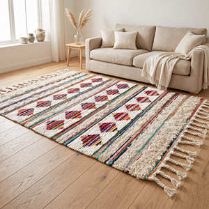 Alfombra de Algodón Tejida con Textura Boho, Diseño Geométrico Rectangular y Triangular, Decoración Minimalista, Antideslizante, para Sala de Estar - Product Image 3