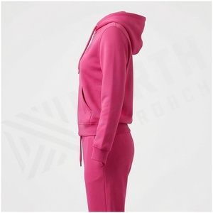 Women <b>Pink</b> Hooded Zipper <b>Tracksuit</b> <b>Set</b> Full Sleeve Solid Color Casual Sweatshirt and Pants 100% Cotton Midweight Autumn Wear - Product Image 3