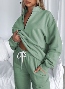 Women Solid Color Half-Zip Tracksuit Set Loose Fit Cotton Sweatshirt And Joggers With Side Pockets Autumn Casual Wear - Product Image 2