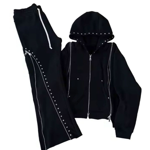 Ensemble de survêtement unisexe 100 % coton respirant et écologique, orné de strass, avec fermeture éclair, sweat à capuche à manches longues et pantalon évasé, deux pièces - Product Image 6
