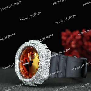 Reloj de pulsera con diamantes de imitación Moissanite, esfera naranja plateada, correa de caucho, para uso unisex. - Product Image 2
