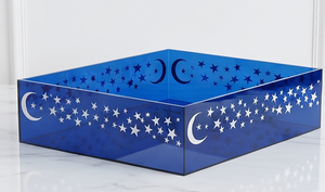Plateau rectangulaire en acrylique de qualité supérieure pour servir des chocolats, design étoile et lune bleus, fait main, pour gâteaux et dattes. - Product Image 4