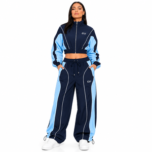 Ensemble de survêtement décontracté pour femme, coupe-vent color block, avec passepoil réfléchissant personnalisé, veste courte et pantalon large, vente en gros, athleisure, ODM - Product Image 1