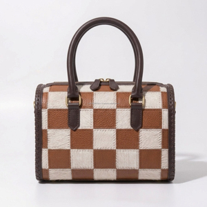 <b>Tan</b> And White Genuine Leather Checkered Hair On Patchwork Handbag Crossbody Duffel <b>Bag</b> Cowgirl Western Hair-on Hide Speedy <b>Bag</b> - Product Image 1
