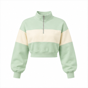 Sudadera Corta Personalizable Verde Menta para Mujer, Corte Holgado, Media Cremallera, Cuello Alto, Algodón Peinado - Product Image 1