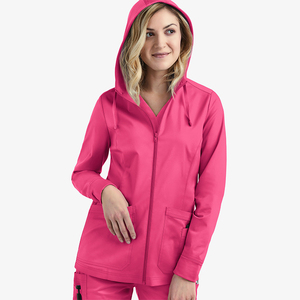 Blouse de laboratoire pour femme, nouveau design, à capuche, avec cordon de serrage, coupe ajustée, confortable, hiver, fermeture éclair intégrale, unie - Product Image 3