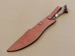 Couteau de chasse à lame fixe en acier Damas personnalisé, pointe clip, bord droit, avec manche en corne de cerf et étui en cuir, pour survie en extérieur - Product Image 6