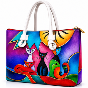 Bolso Tote de Cuero Genuino Pintado a Mano con Diseño Artístico de Gato, Bolso de Hombro Mediano para Mujer con Cierre Superior de Cremallera - Product Image 1