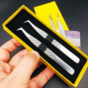 Envío listo, logotipo personalizado, pinzas para extensiones de pestañas de acero inoxidable, puntas plateadas rectas curvas, embalaje de logotipo de visón sostenible - Product Image 1