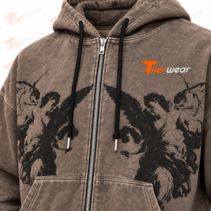 Vintage Acid Wash Zip-Up Hoodie Men 370gsm 100% Cotton Fleece Winter Eco-Friendly Casual Custom OEM Private Label Factory - Product Image 5