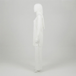 Women's White Hooded Long Sleeve Knitted Hoodies Islamic Modest Set Regular Fit Knee Length Solid Color Autumn Casual Pants - Product Image 2