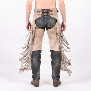 Chaps western pour homme en cuir véritable, taille haute, avec franges, fermeture à boucle, coupe classique, poche en cuir pour l'équitation - Product Image 4