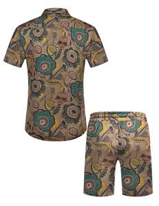 mens brown teal abstract floral mandala print <b>short</b> <b>sleeve</b> lapel <b>button</b> <b>up</b> <b>shirt</b> matching <b>shorts</b> 2 piece set casual hawaiian - Product Image 2