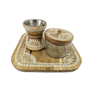 Ensemble brûleur d'encens en bois artisanal avec motifs ethniques blancs, comprenant un pot de rangement transparent et un plateau de service carré - Product Image 3