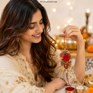 Ensemble de Rakhi traditionnel de créateur avec perles, pompons et décorations festives pour les cadeaux de Diwali - Product Image 6