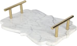 <b>Marble</b> Modern Shaped Serving <b>Tray</b> with Scalloped Edge Vintage Brass Tone Handles Elegant Decorative Vanity <b>Tray</b> for Coffee - Product Image 3