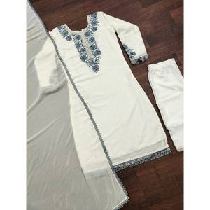 Desainer GEORGETTE bordir <span class=keywords><strong>JHALAR</strong></span> renda atas bawah dengan DUPATTA putih - Product Image 4