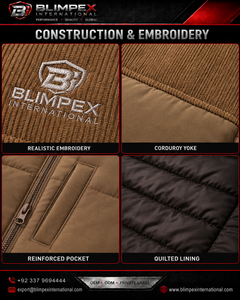 เสื้อแจ็คเก็ตบุผ้ากำมะหยี่คอร์ดูรอยสำหรับผู้ชาย ยี่ห้อ BLIMPEX คอตั้ง กันลม ใส่ได้ในฤดูหนาว สไตล์ลำลอง บุผ้าโพลีเอสเตอร์หนา ซิปหน้า ปักลาย - Product Image 2