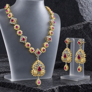 Wholesale Gold Plated Ruby CZ Necklace Earrings Maang <b>Tikka</b> Set Pakistani Bridal Jewelry Bulk Order - Product Image 1
