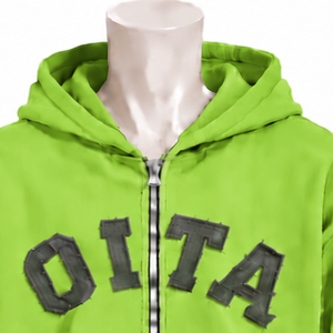 Sudadera con capucha verde lima para hombre, con cremallera, apliques de letras en chenilla, forro polar grueso, corte holgado, estilo casual urbano, con bolsillo frontal. - Product Image 3