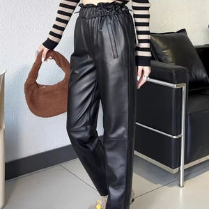 New <b>Women</b> <b>Satin</b> Breathable Elastic High Waist Straight Pants Solid Color Autumn Casual Tassel Full Length Office Pants - Product Image 1