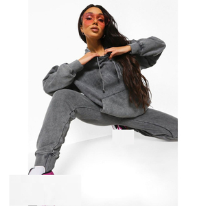Ensemble sweat à capuche et jogging pour femme, délavé à l'acide, écologique, vintage, avec poche kangourou et cordon de serrage, style usé décontracté - Product Image 5