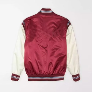 Men's Maroon Satin Varsity <b>Jacket</b> With <b>White</b> Sleeves And Striped Trim Preppy Style Causal Wear - Product Image 2