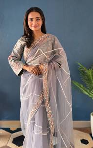 Haut de sari en soie brodé rose, non cousu, longueur ras du sol, orné de perles, style traditionnel indien pakistanais, pour mariage et fête - Product Image 4